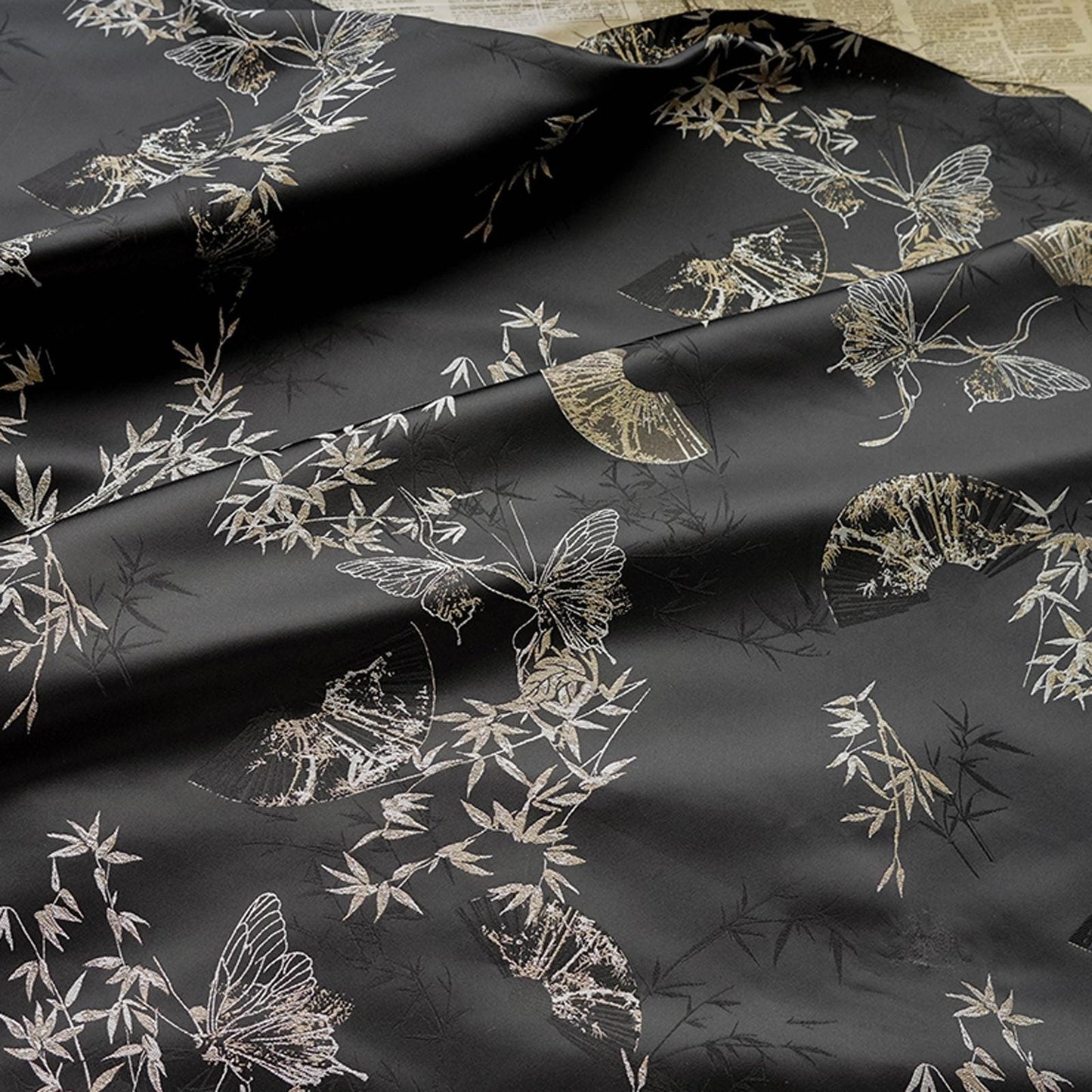 Gold Thread Jacquard Fabric: Butterfly & Fan Design, 58" Wide