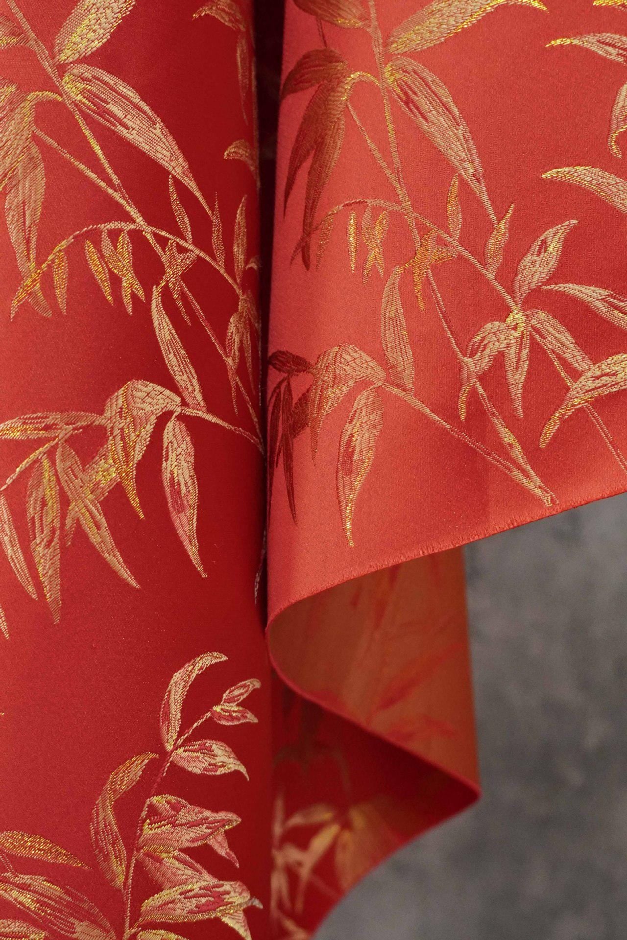 Red Brocade Fabric ��� Golden Bamboo Leaves Jacqua" Wide