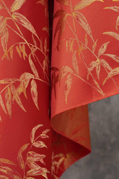 Red Brocade Fabric ��� Golden Bamboo Leaves Jacqua" Wide