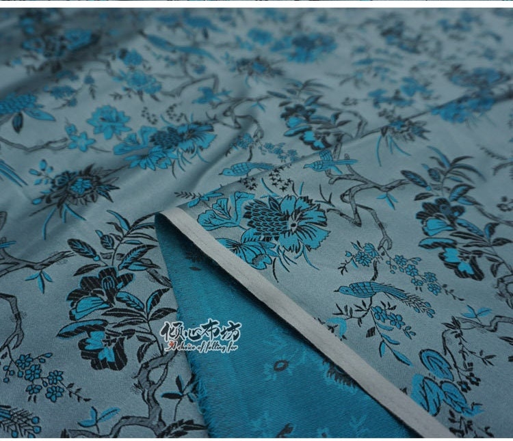 Blue Brocade Fabric: Bird & Azalea Print, 59" Wide