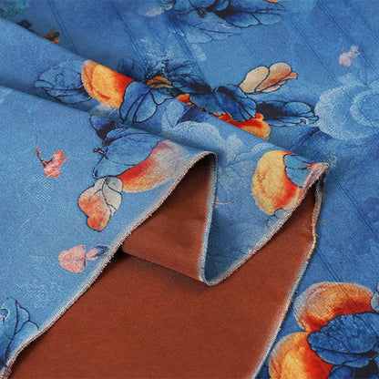 Tissu satiné bleu paon, imprimé floral, 150 cm de large