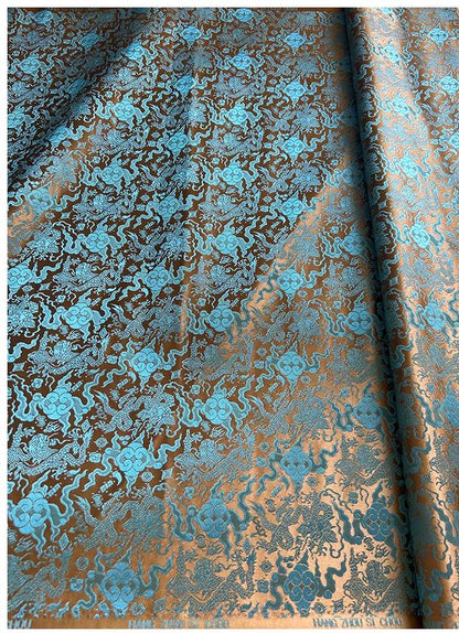 Tissu brocart bleu sarcelle à motif de dragon chinois : mélange de soie et de rayonne, 75 cm de large