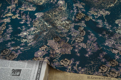 Gold Thread Jacquard Fabric: Dark Green 3D Style (59"W)