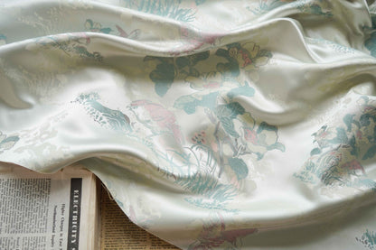 Floral Bird Print Fabric: Gold Thread Woven Polyester, 59" Wide