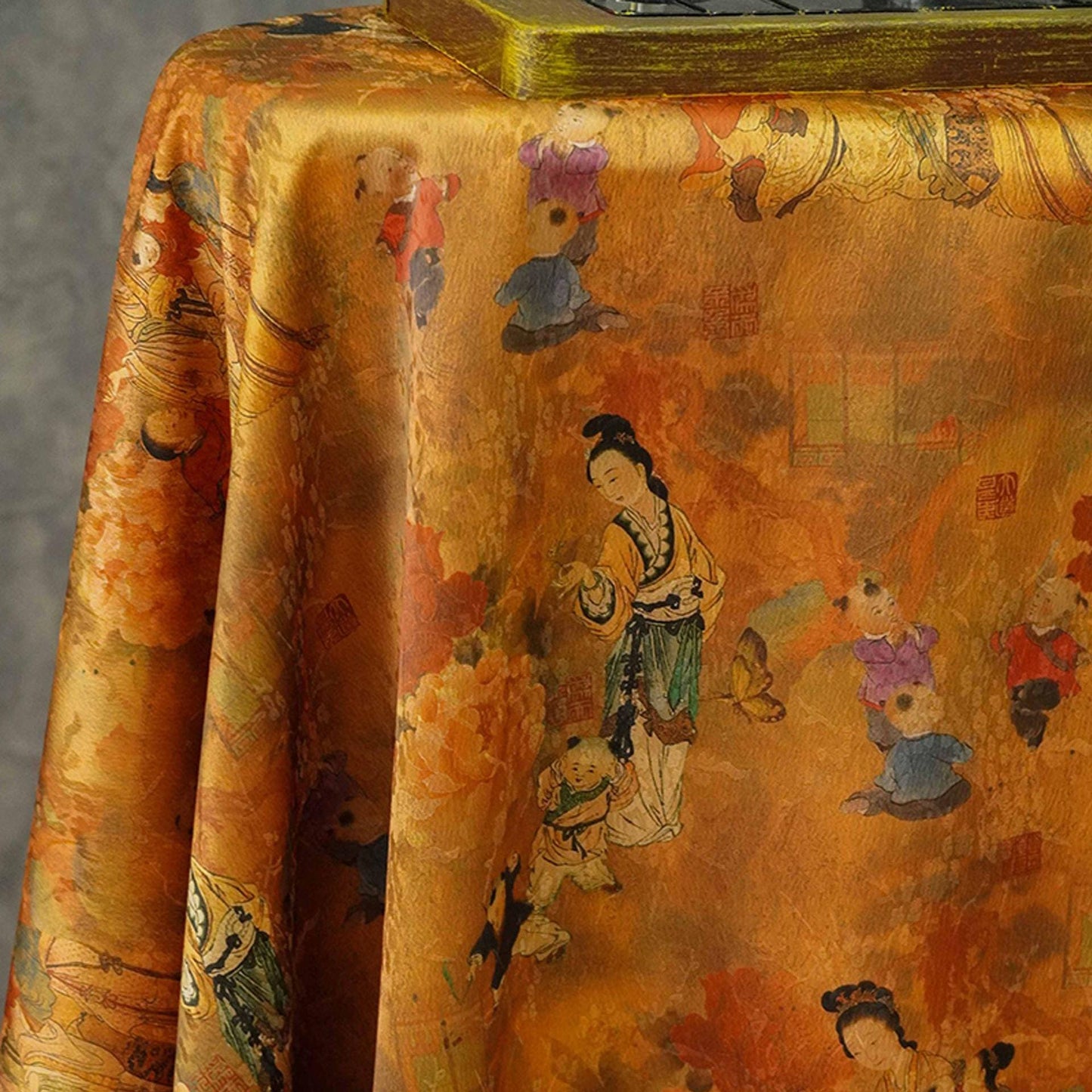 Ancient Family Tea Silk Satin Fabric: Digital Print, 59"W
