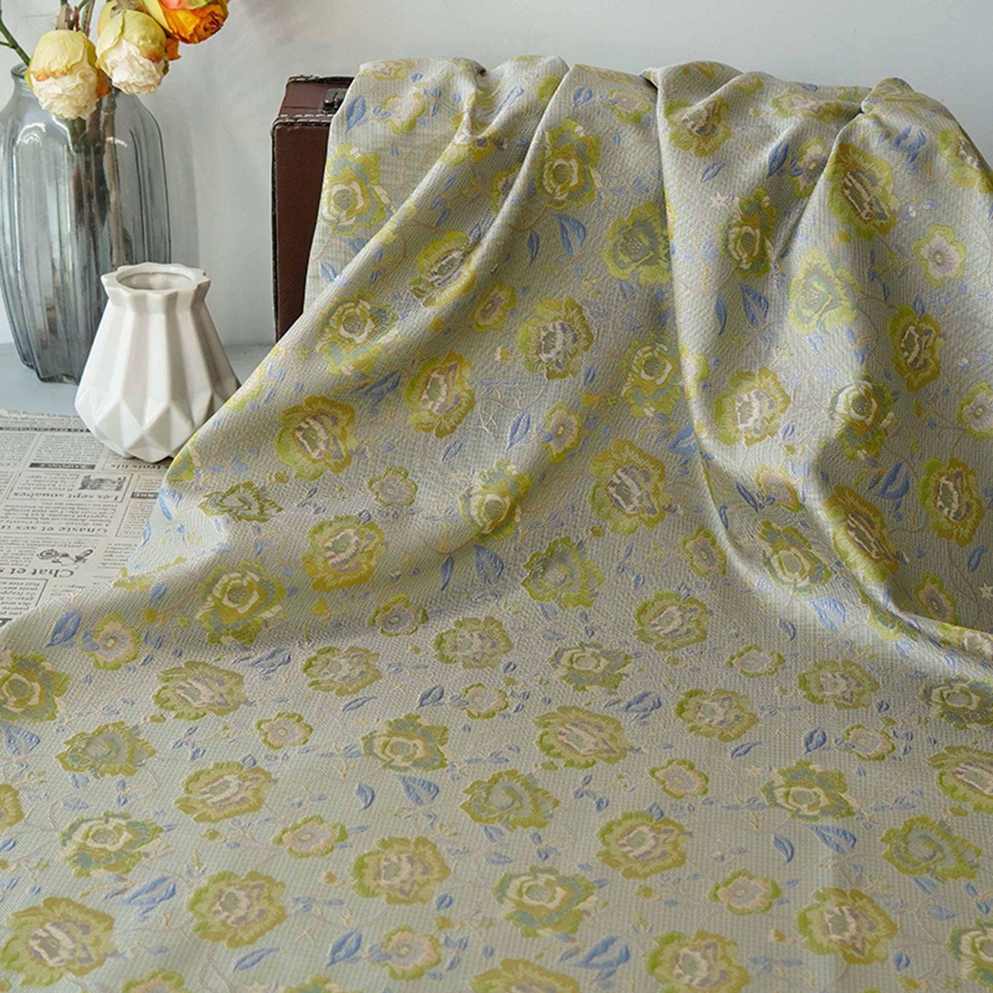 Tissu jacquard à motif floral au mètre, textile teint en fil à motif de fleurs de vigne, matériau pour la couture et l'ameublement, 165 cm de large