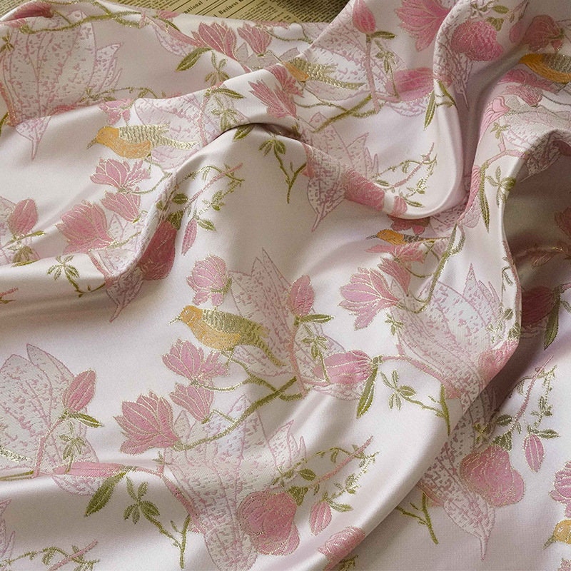 Pink & Gold Bird Brocade Fabric: 59"W Silk Rayon Blend
