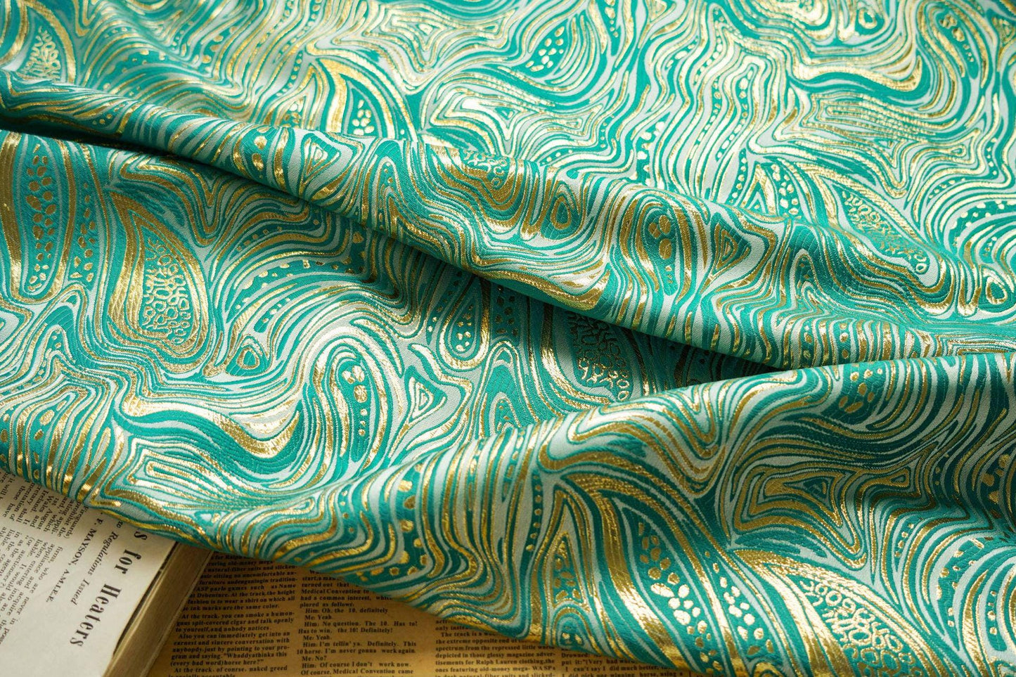 Gold & Black Jacquard Fabric: 3D Running Water Texture (55"w)