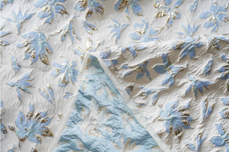Light Blue & Gold Floral Jacquard Fabric: 3D Texture, 56" Wide