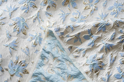 Light Blue & Gold Floral Jacquard Fabric: 3D Texture, 56" Wide