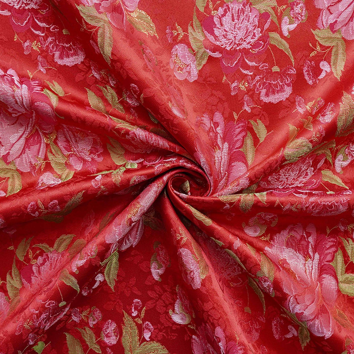 Red Peony Brocade Fabric: Gold Thread Jacquard, 64" Wide