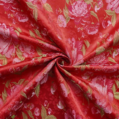 Red Peony Brocade Fabric: Gold Thread Jacquard, 64" Wide