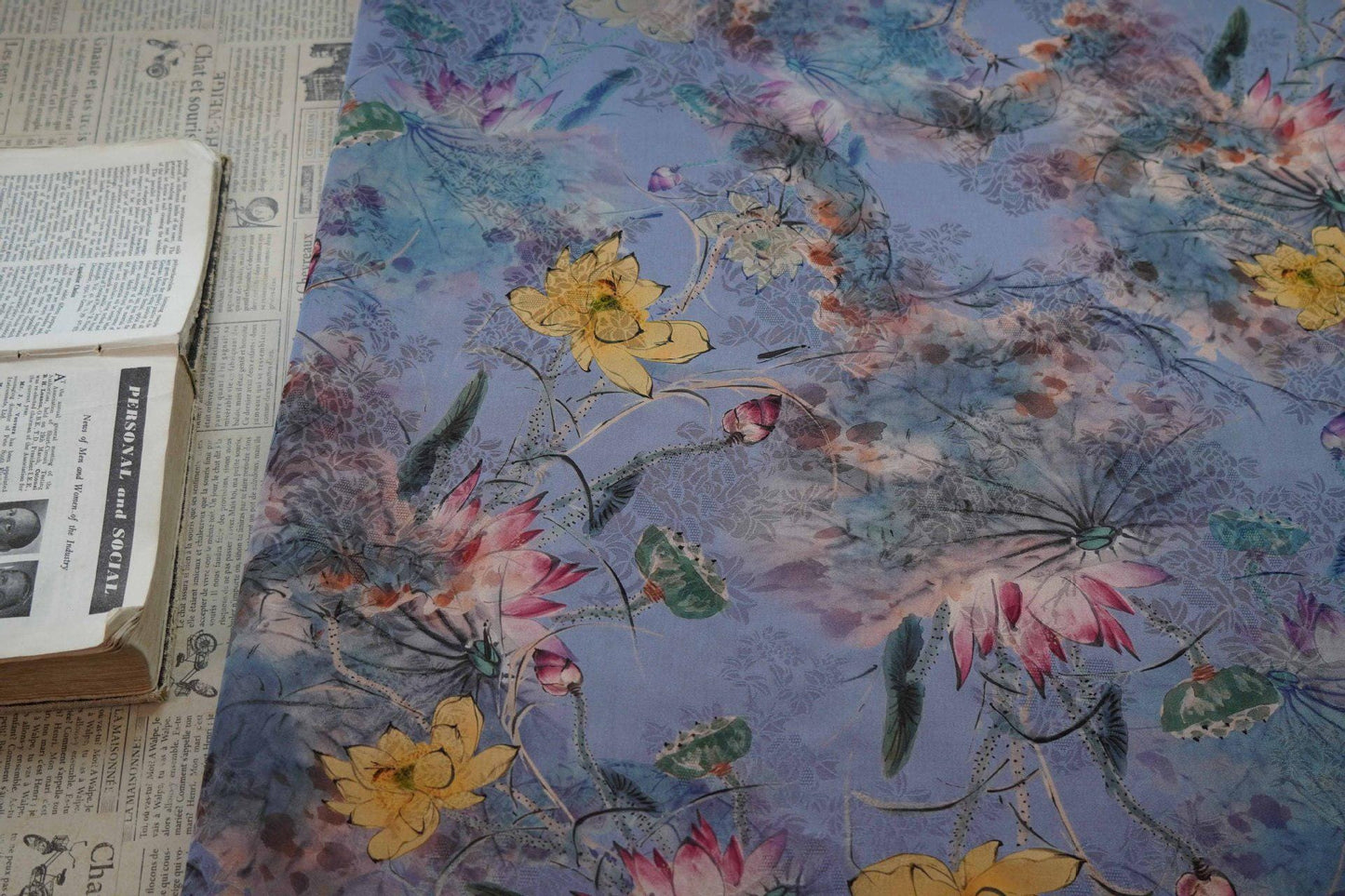 Lotus Flower Tea Silk Satin Fabric: Digital Print, 55" Wide