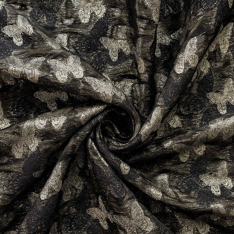 Gold Thread Butterfly Jacquard Fabric: 3D Texture, 56" Wide