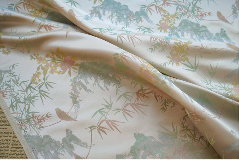 Bamboo Leaf Brocade Fabric: Japanese Bird & Butterfly Silk, 59"W