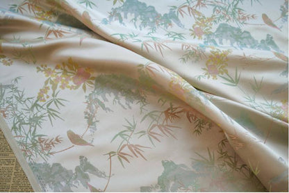 Bamboo Leaf Brocade Fabric: Japanese Bird & Butterfly Silk, 59"W