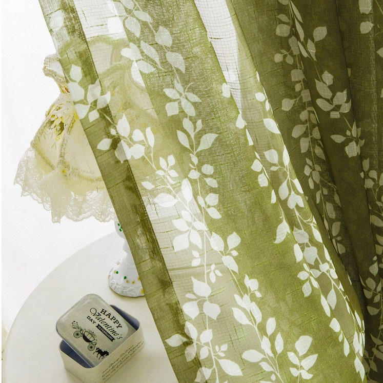 Apple Green Linen Curtain Fabric: Floral Print Veil, 110" H