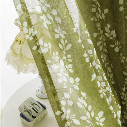 Apple Green Linen Curtain Fabric: Floral Print Veil, 110" H