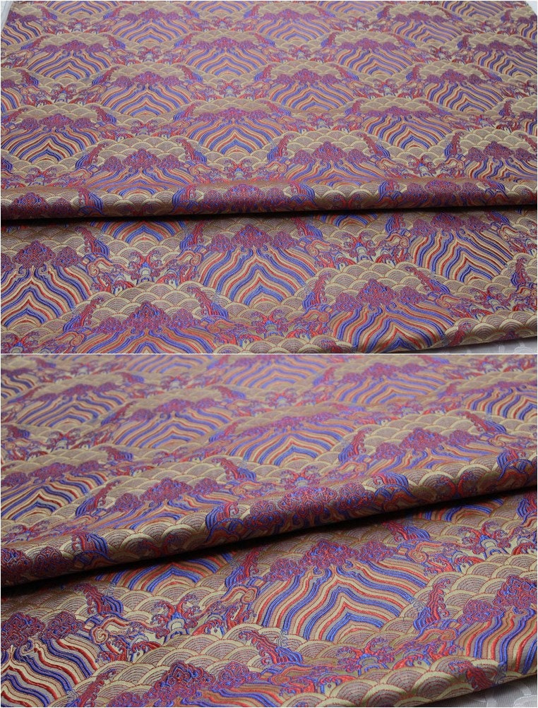 Tissu brocart de soie et rayonne à motif vagues océaniques : Jacquard traditionnel (29,5 po/75 cm)