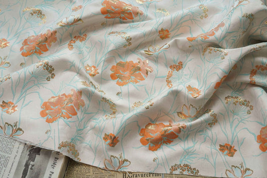 Gold Thread Floral Jacquard Fabric: 3D Texture, 55" Wide
