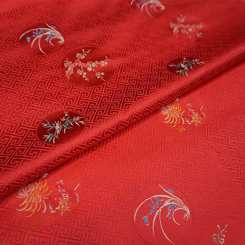 Floral Silk Brocade Fabric: Chinese Plum, Orchid, Bamboo - 29.5" Wide