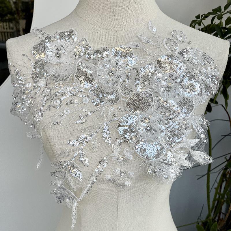 Embroidered Lace Trim: Sequined Floral Applique, Bridal Wedding Dress Fabric - By The Yard