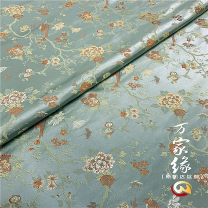 Pea Green Bird Brocade Fabric: Silk Cotton Jacquard Damask (29.5"W)