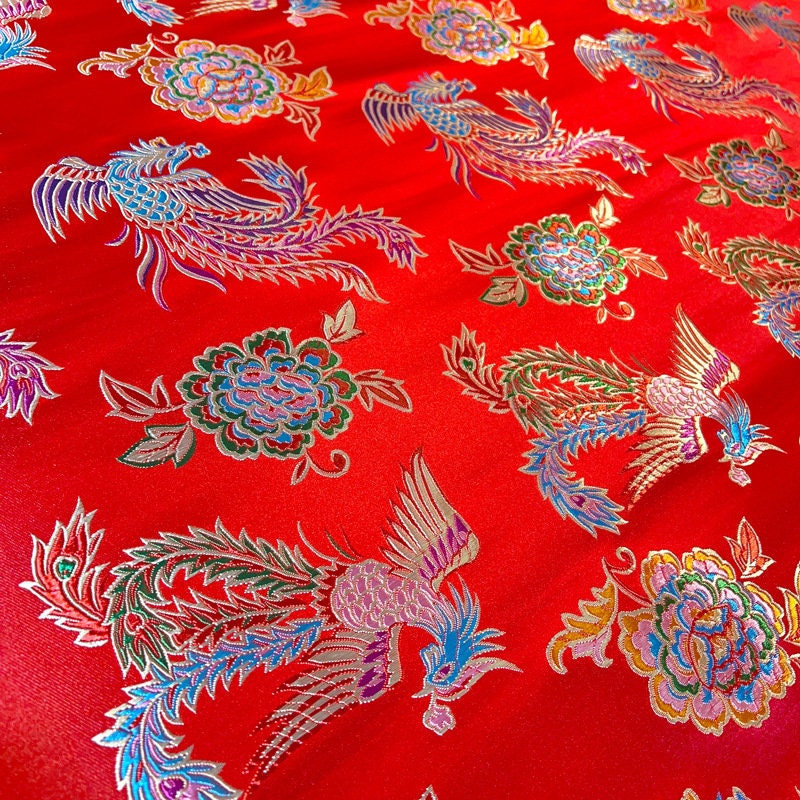 Tissu brocart phénix pivoine rouge : Décoration de costume porte-bonheur (largeur 59 pouces)