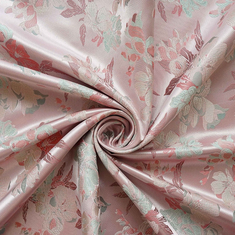 Light Pink Hibiscus Brocade Satin Fabric: 66" Wide Chinese Style