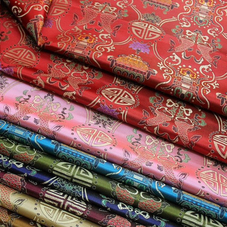 Pisces Double Fish Silk Brocade Fabric: 35"W Cheongsam Material