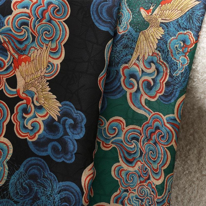 Ancient Xiangyun Tea Silk Satin Fabric: Crane & Cloud Print, 59"W