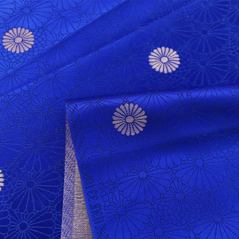 Tissu brocart floral bleu : robe mongole chinoise, matelassage, couture (largeur : 75 cm)