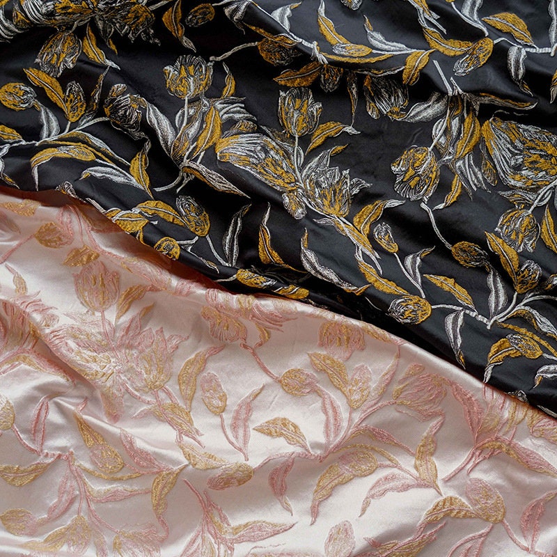 Gold Thread Jacquard Fabric: 3D Embossed Floral Woven Upholstery - 62"W