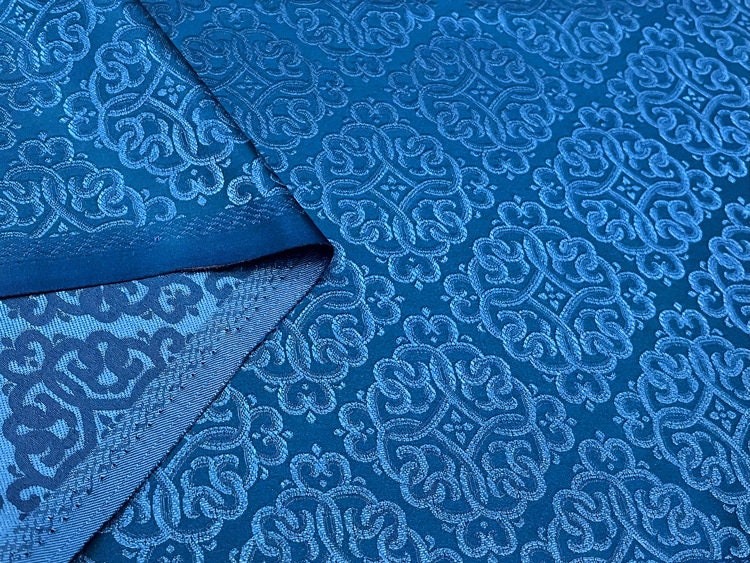 Blue Silk Brocade Fabric: Mongolian Tibetan Style, 29.5"W, Rayon