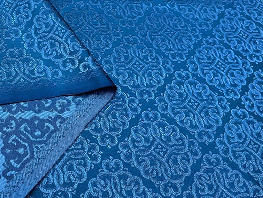 Tissu brocart de soie bleue : style mongol-tibétain, largeur 75 cm, rayonne