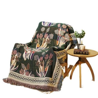 Vintage Floral Sofa Throw Blanket: European-Style Cotton Woven Rug