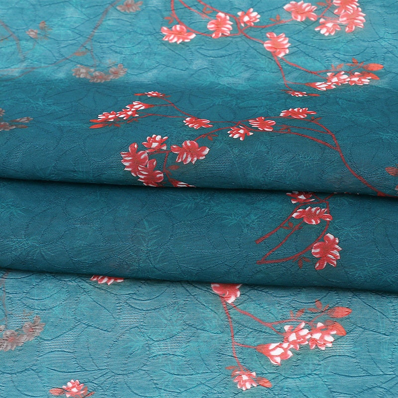 Floral Tencel Ramie Fabric: Teal Painting Pattern, Sewing Material