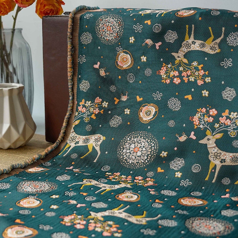 Dark Green Reindeer Damask Jacquard Fabric: 62"W Yarn-Dyed Polyester