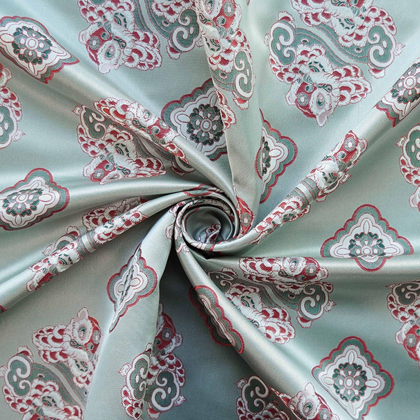 Aqua Blue Silk Brocade Fabric: Chinese Fu Lion Design, 66"W