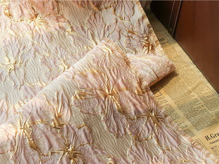 Gold Thread Floral Jacquard Fabric: 3D Oil Painting Texture, 55" Wide