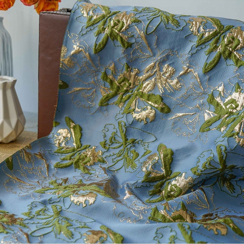 Blue Dandelion Jacquard Fabric: Gold Shimmering Embossed Woven, 57"W - By The Meter