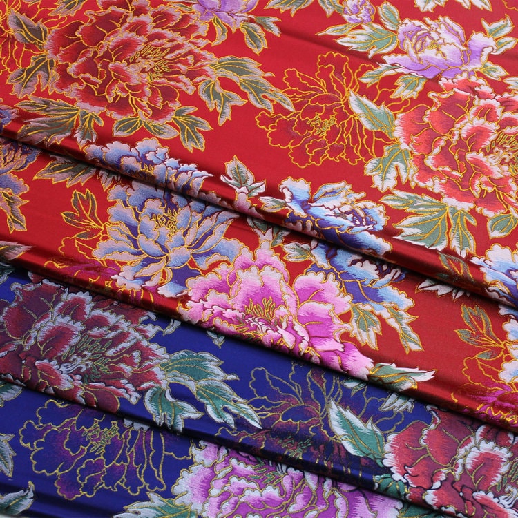 Peony Flower Silk Brocade Fabric: Chinese Wedding Fabric (By 1 Meter)