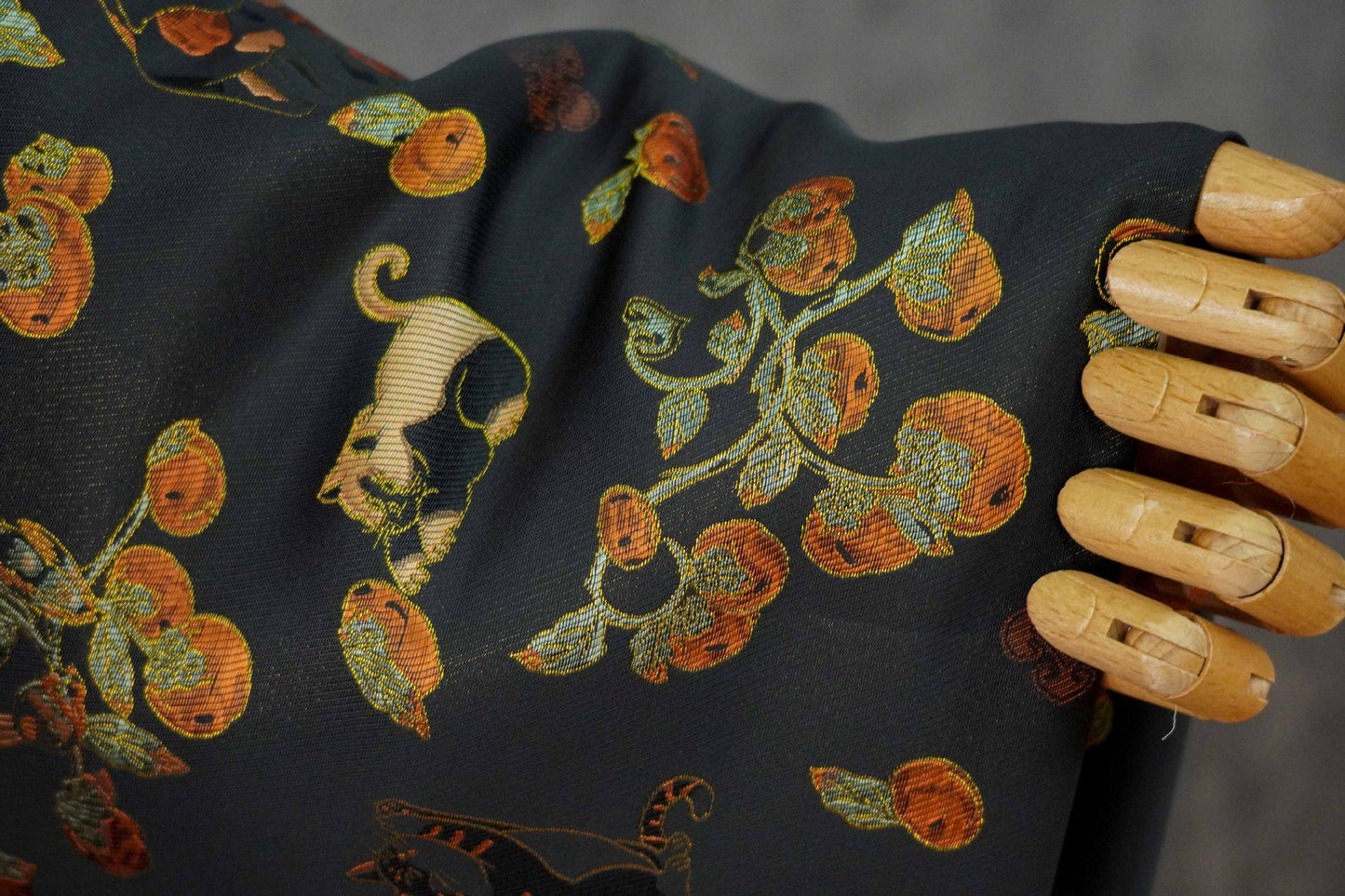Luxury Cat & Persimmon Jacquard Fabric with Gold Accents for Handbags, 65"Wide