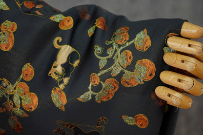 Luxury Cat & Persimmon Jacquard Fabric with Gold Accents for Handbags, 65"Wide