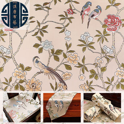 Jacquard Satin Fabric: Chinese Birds & Tree Print, 59" Wide