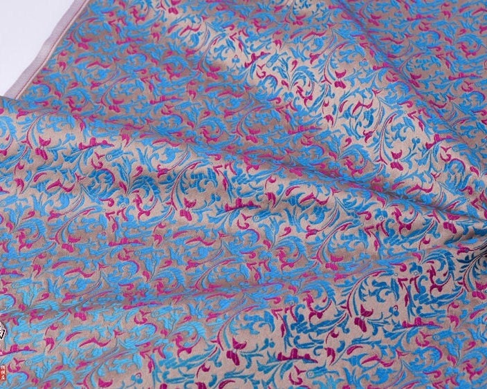 Fuchsia & Blue Brocade Fabric: Reversible Woven Damask, Wheat Pattern