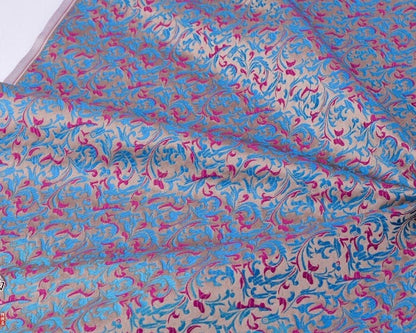 Fuchsia & Blue Brocade Fabric: Reversible Woven Damask, Wheat Pattern