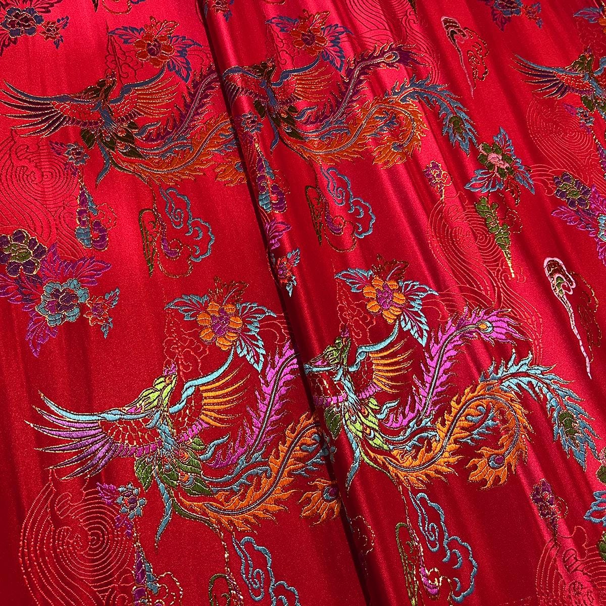 Tissu brocart Red Phoenix : satin de soie damassé cheongsam chinois, 75 cm de large