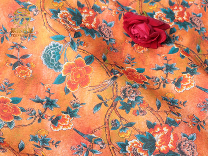 Floral Ramie Fabric: Dunhuang Style Print, 57" Wide