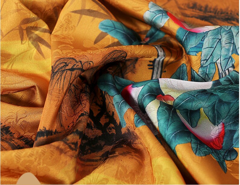 Peach Teal Tea Silk Satin Fabric: Floral Print, 59" Wide